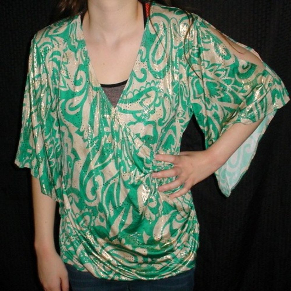 JBS WOMEN NWT Gold Lame Green Cold Sleeves Blouse